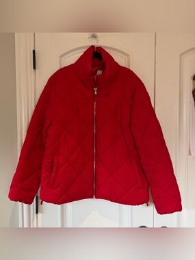 LOFT Red Quilted Puffer Jacket with Stand Collar